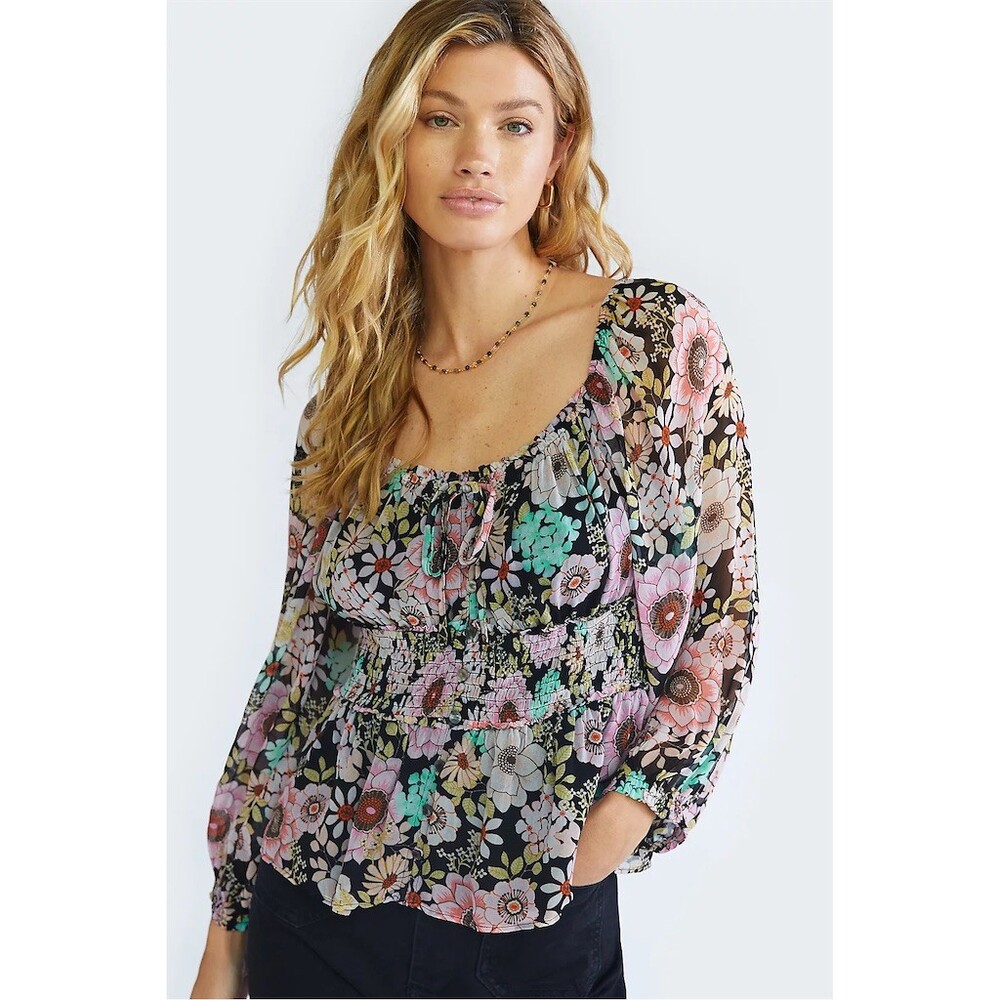Maeve Anthropologie Smocked Floral Blouse Fairycore Peasant Cottagecore Black, M